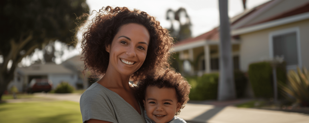 Mother holding child, happy with their housing choice voucher