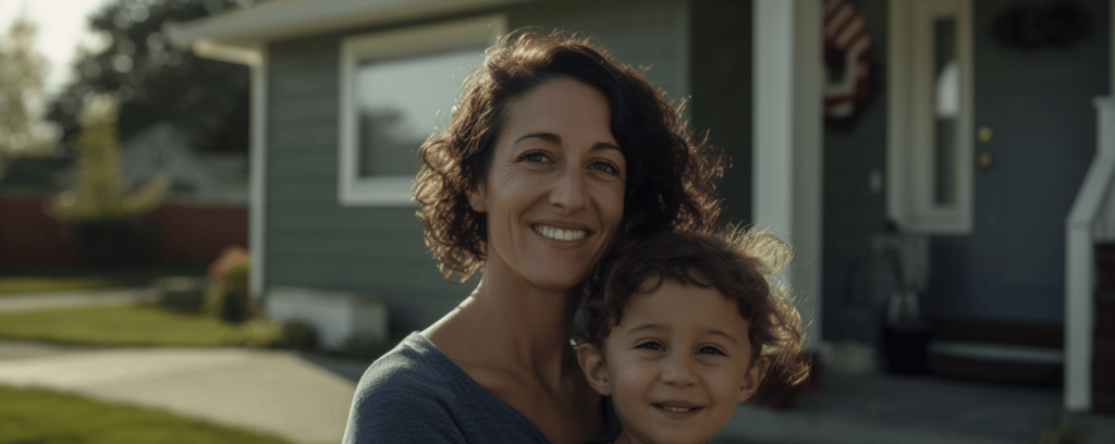 Mother and child standing in front of affordable housing