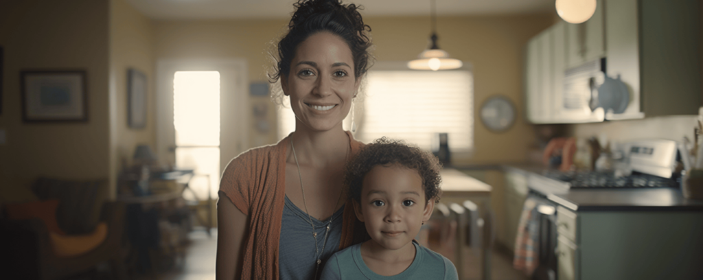 Happy mother and child in affordable government housing