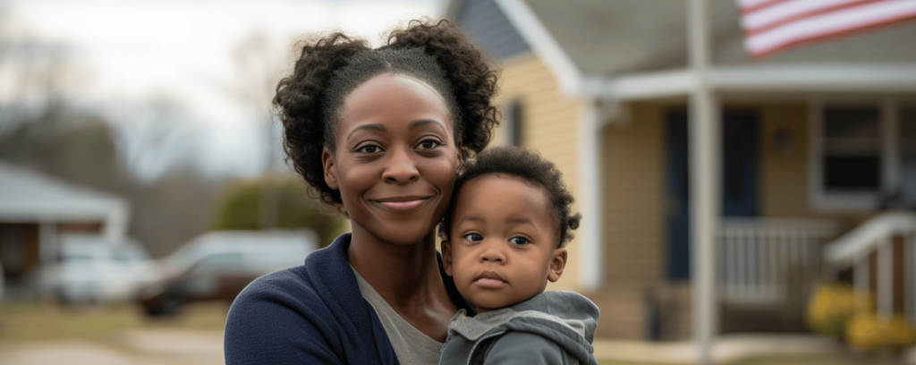 Woman holding child standing in front of affordable housing