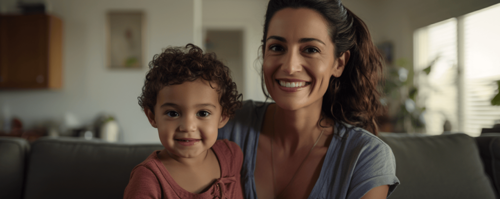 happy mother and child in living room