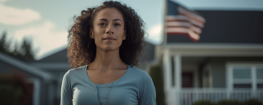 proud woman standing in front of affordable housing